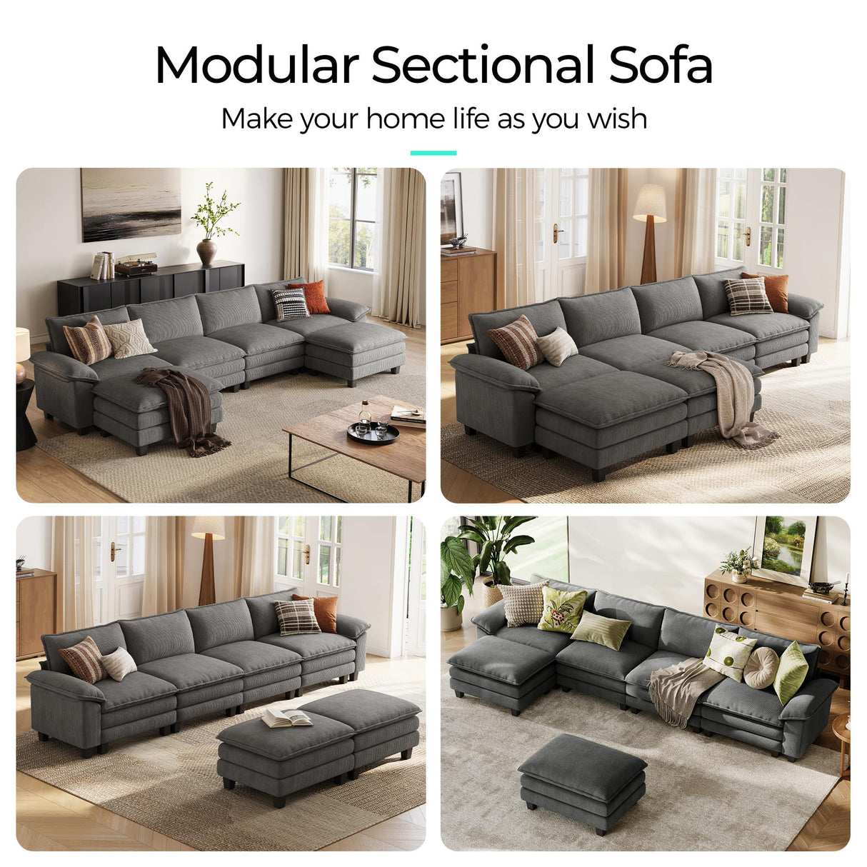 LINSY HOME 157'' Modular Sectional Sofa Grey Couch Corduroy Cloud Couches for Living Room, U Shaped Couch with Movable Ottoman, Modern Cloud Sectional Sofas for Bedroom and Apartment, Grey LINSY HOME