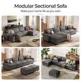 LINSY HOME 157'' Modular Sectional Sofa Grey Couch Corduroy Cloud Couches for Living Room, U Shaped Couch with Movable Ottoman, Modern Cloud Sectional Sofas for Bedroom and Apartment, Grey LINSY HOME