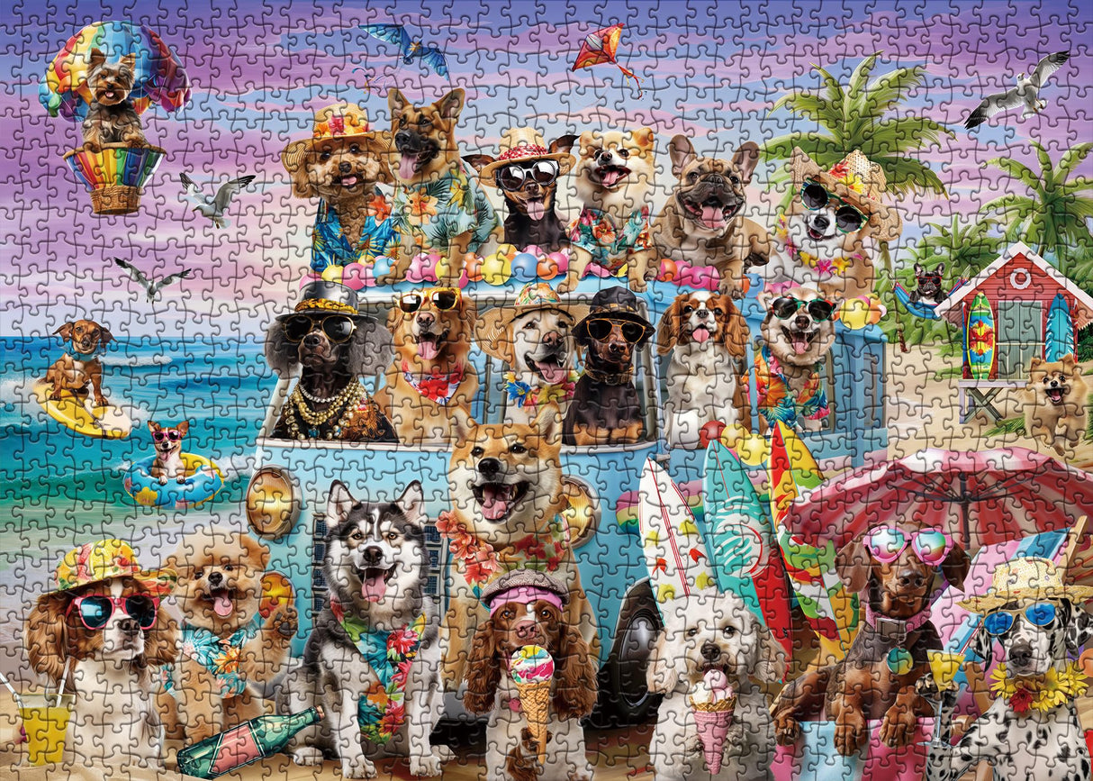 Funny Dog Puzzle Beach Dogs Puzzles 1000 Pieces for Adults, Animal Jigsaw Puzzles for Adults Vacation, Holiday Puppy Bulldog Jigsaw Puzzle Family Collage Puzzles as Home Decor BBOLDIN