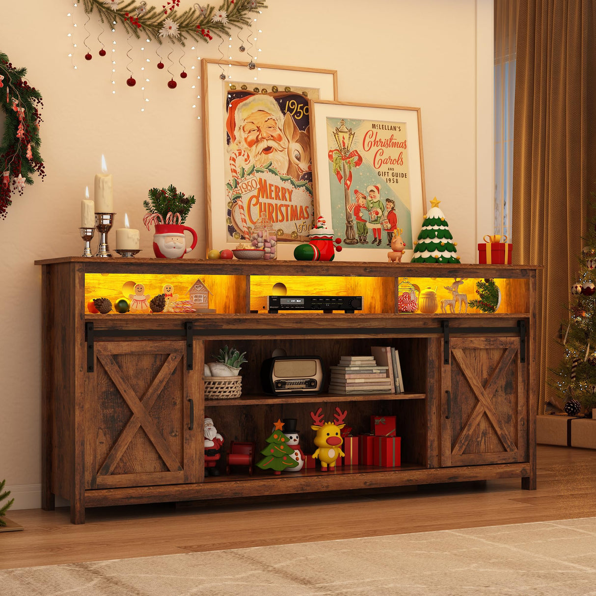 70" LED Farmhouse TV Stand for 80/75/70 Inch TVs,Tall Entertainment Center Storage Cabinets w/Power Outlets and Sliding Barn Door,Rustic TV Stands for Living Room,Media Console Cabinet (Brown) Hlivelood