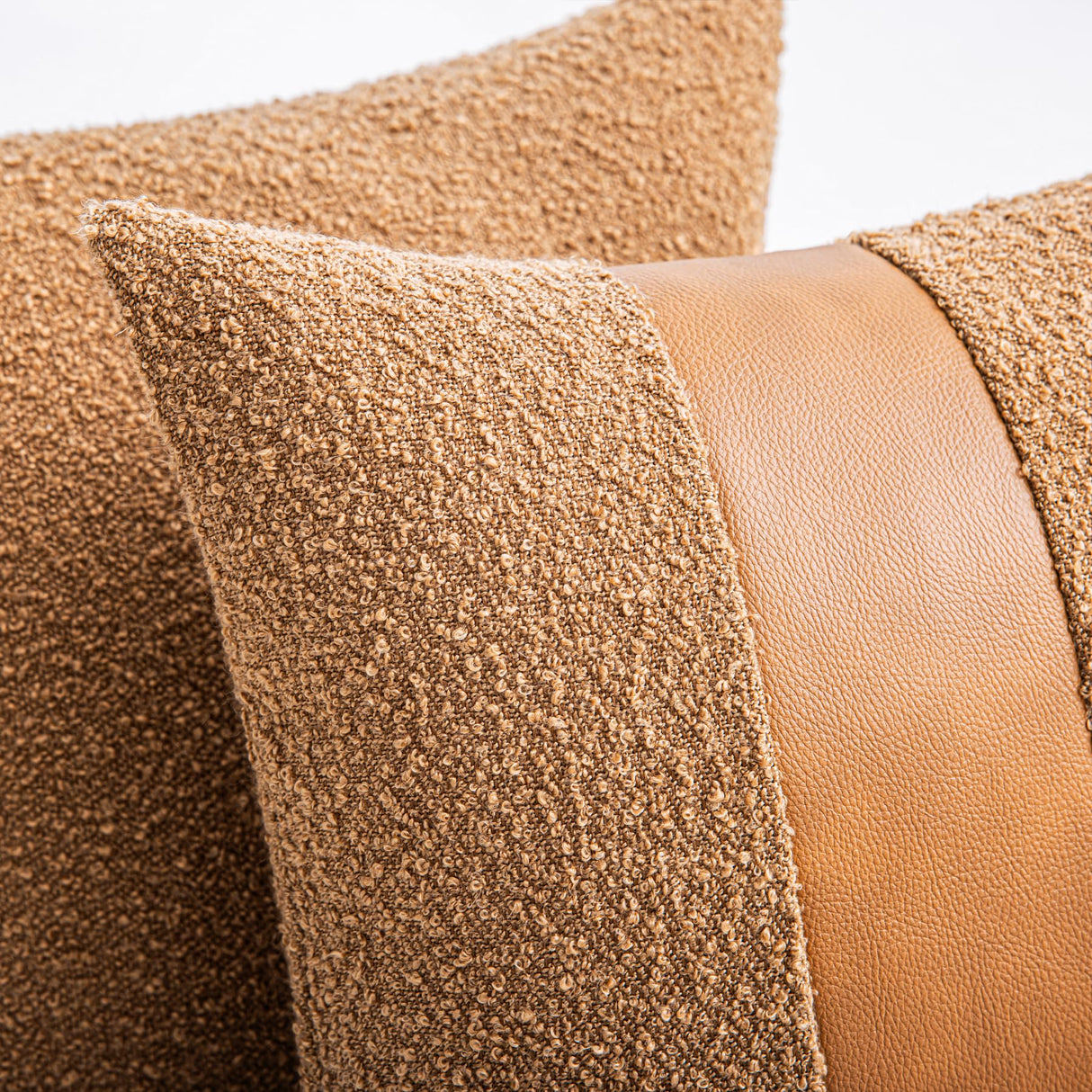 SINYASAN 18"x18" Tobacco Boucle Throw Pillow Covers with Faux Leather Accents Set of 2 Fluffy Textured Decorative Pillow Cases for Couch Bed Boho Farmhouse Square Cushion Covers for Nordic Home Décor SINYASAN
