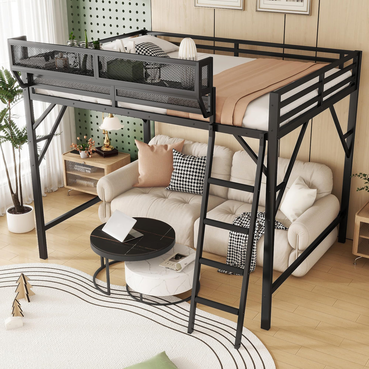 KEIKI Full Size Metal Loft Bed Frame with Ladder and Built-in Storage Shelves, for Teens, Modern Style Loft Bed with Solid Slats, Guardrail, No Box Spring Required, Easy Assembly, for Bedroom, Black KEIKI