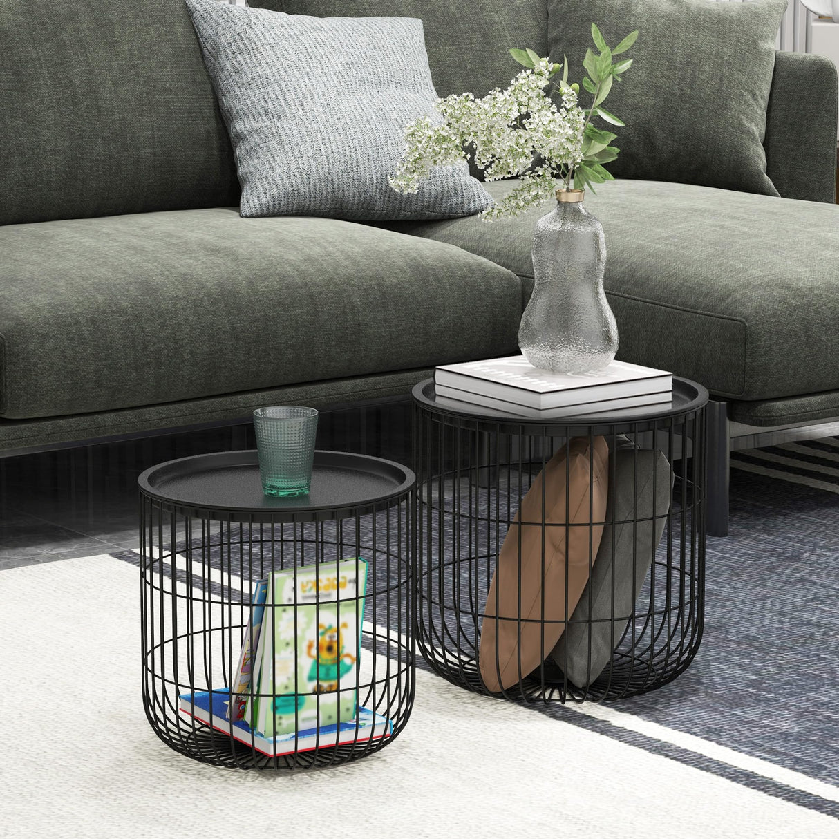HOMCOM Nesting Coffee Tables, Round Coffee Table Set of 2 with Steel Wired Basket Body and Removable Top, Stacking End Tables Blanket Storage for Living Room, Black HOMCOM