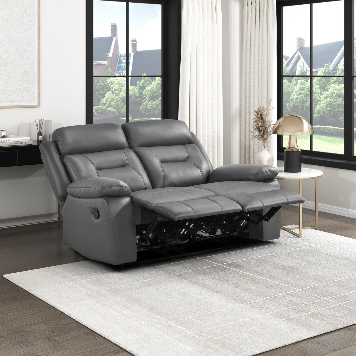 Lexicon Reclining Sofa for Living Room, Double Recliner RV Couch, Manual Wall Hugger Recliner, Home Theater Seating Leather Match Reclining Sofa with Pillow Top Armrests, 62.5''W Loveseat, Dark Grey Lexicon