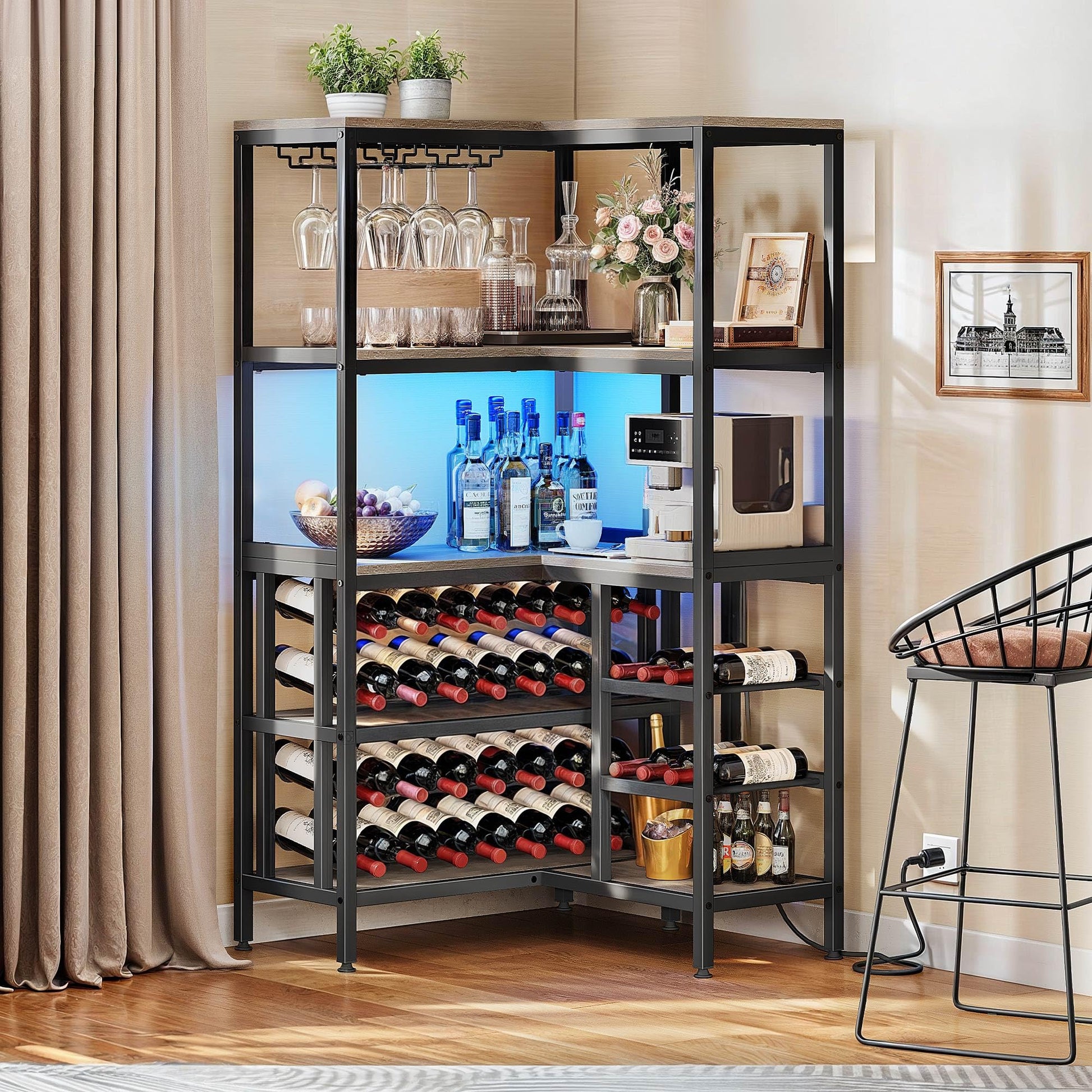 YITAHOME Large Corner Wine Rack, 63'' Corner Bar Cabinet with Power Outlet and LED Light, 5-Tier L Shaped Industrial Liquor Cabinet w/Glass Holder, Corner Open Display Cabinet for Home, Dark  - WoodArtSupply