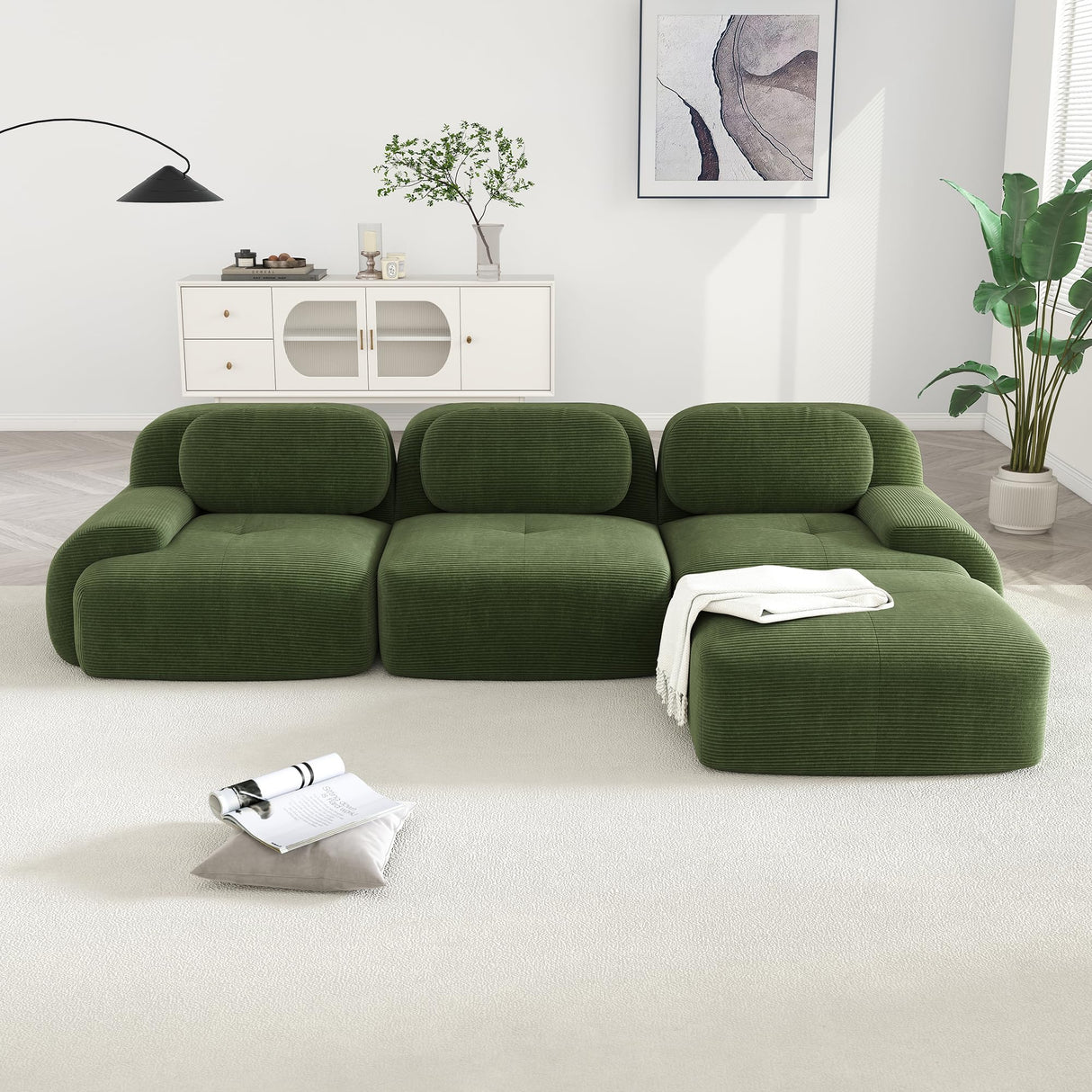 YESER Modular Sectional Sofa Boneless Couch, Cloud Sectional Couches for Living Room, Oversized L Shaped Couch with Deep Seat and Ottoman, Comfy Corduroy Upholstery Green Couches, No Assembly(3S+1O) YESER