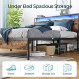 LINSY Ergonomic Full Bed Frame with RGB Headboard, Fast Assembly, USB Outlets & Ample Storage in Rustic Brown LINSY
