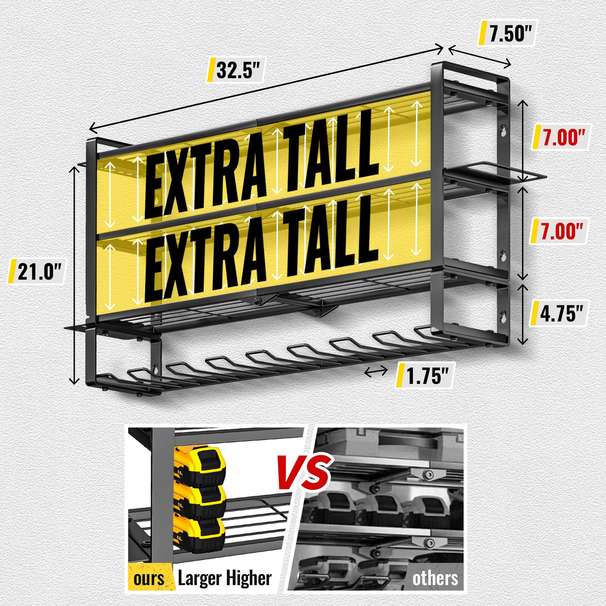 MOOMSINE 4 Layer Large Power Tool Organizer Wall Mount, Heavy Duty Metal Tool Storage Rack with 8 Cordless Drill Holder, Battery Tools Hanger with Charging Station Shelf for Garage Organization MOOMSINE