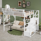 Mirightone Queen Size Loft Bed with Stairs and Storage, Metal Loft Bed Frame with Bedside Shelf and Large Under-Bed Space, Heavy-Duty Loft Beds for Adults Teens and Kids, White Mirightone