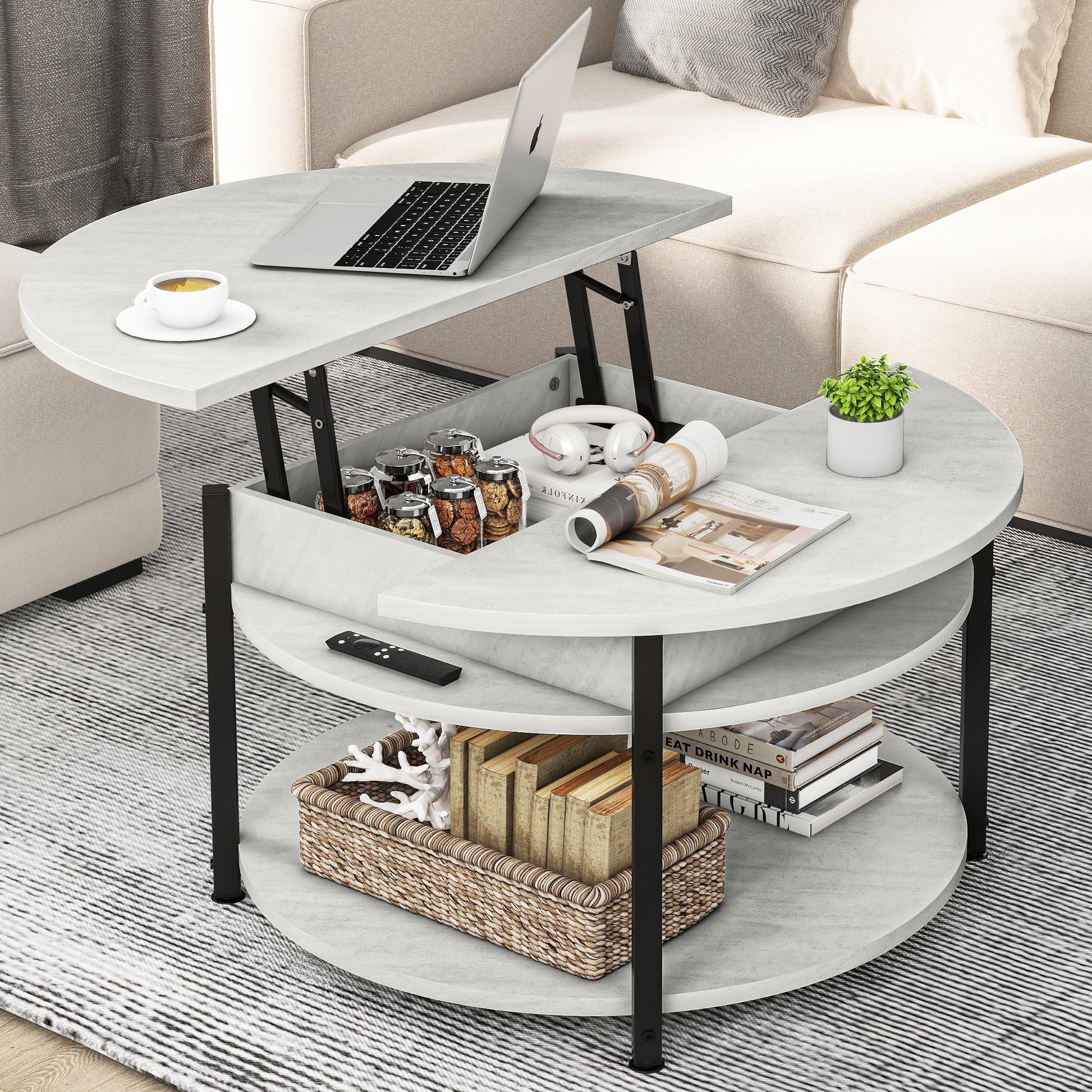 DWVO Round Coffee Table with Storage, Lift Top Coffee Table with Hidden Compartment, Modern Coffee Table for Home Office Living Room, Grey - WoodArtSupply