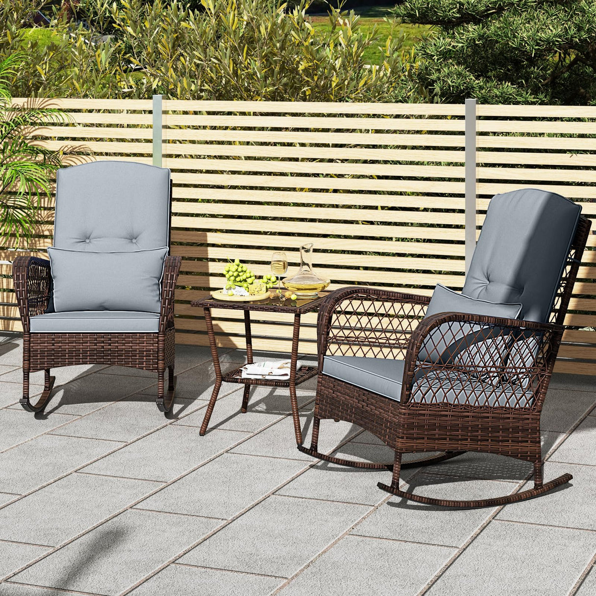 Tangkula 3 Piece Patio Rocker Set, Patiojoy Outdoor Wicker Rocking Chairs w/Double-Layer Coffee Table, Rattan Rocker Chair Set w/Seat Back Cushions & Pillows, for Porch, Backyard, Poolside (Grey) Tangkula