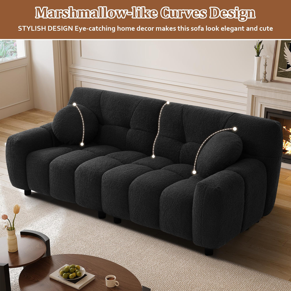 72.8" Boucle Cloud Sofa Couch with 2 Soft Pillows,Comfy Upholstered Teddy 2 Seater LoveSeat Sofa,Modern Deep Seat Sherpa Cloud Couch, Oversized Love Seat for Living Room Bedroom Apartment,Black DAMAIFROM