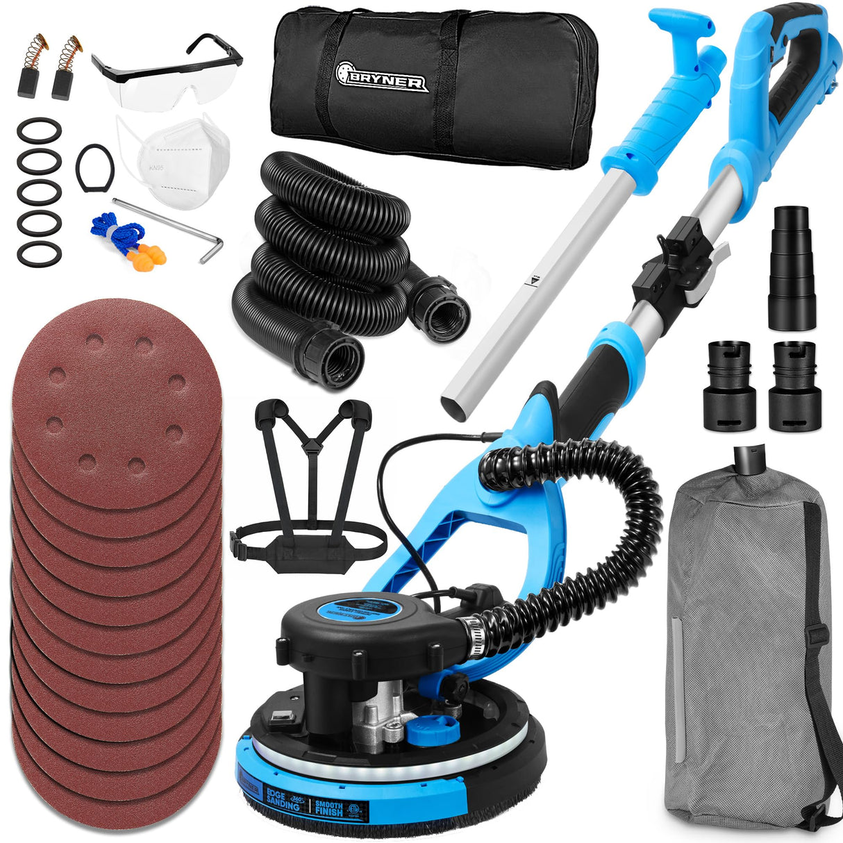 𝟐𝟎𝟐𝟓 𝐔𝐩𝐠𝐫𝐚𝐝𝐞𝐝 Drywall Sander, 780W Electric Drywall Sander with Vacuum Attachment and Labor-Saving Back Belt, 7 Variable Speed 900-1800RPM, Dustless Floor Sander for Popcorn Ceiling Floor Bryner