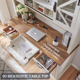 RedLemon 60" Farmhouse Desk with Hutch, Wood Home Office Executive Desk with Drawer, Charging Station, Keyboard Tray, File Drawer, Storage Cabinet, Rustic Writing Computer Desk (Antique White) RedLemon