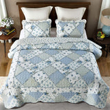 VIVILINEN Blue Floral Patchwork Quilt Set, Full Queen Size, 3 Piece Bedding Set with 2 Pillowcases VIVILINEN