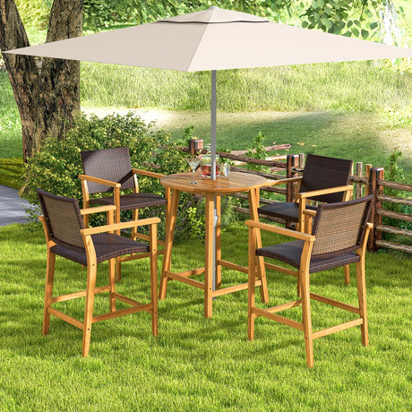 Tangkula 31.5” Natural Acacia Wood Round Patio Bar Table with Umbrella Hole Tangkula