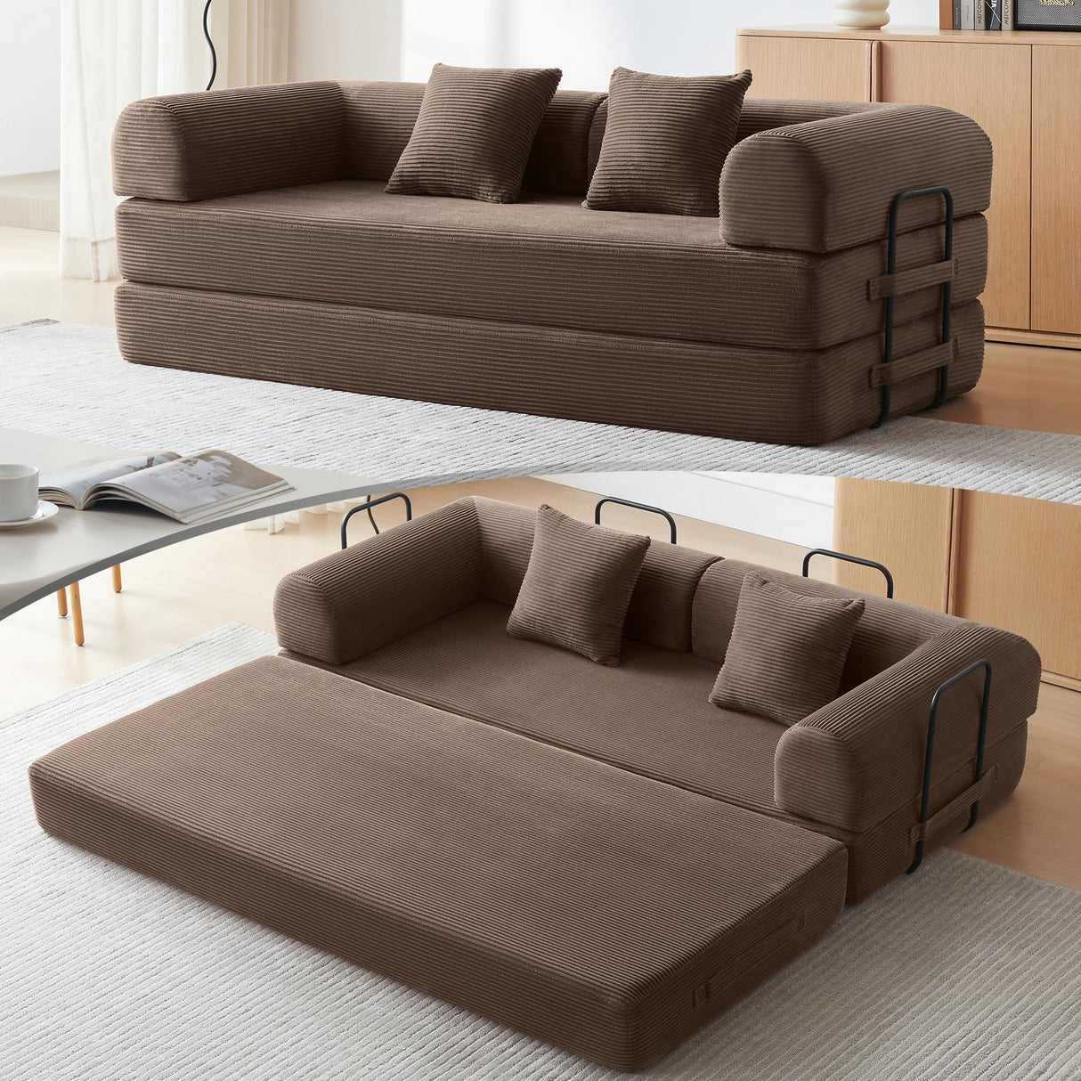 Convertible Modular Sleeper Sofa Bed, Mid Century Modern Decor Love Seat Memory Foam Couches, Sleeper Sofa Bed for Living Room, Solid & Easy to Install Cloud Couch (Brown) QQR