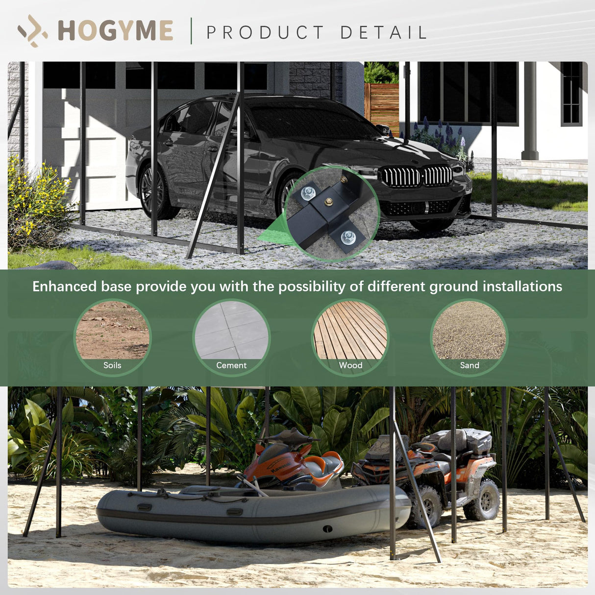 HOGYME 10x15 FT Heavy Duty Carport Canopy with Updated Frame Structure Galvanized Steel Roof and Enhanced Base, Metal Carport Garage for Pickup, Boat, Car and Tractors Grey HOGYME