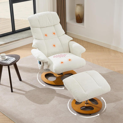 Chenille Swivel Recliner with Ottoman - Massage Recliner Chair with Heat & 360° Rotate, Swivel Stressless Reclining Chair with Ottoman & Remote-Control Massage, Manual Recliners for Bedroom (White)