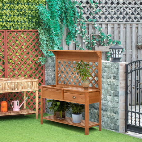 Outsunny Garden Potting Bench, Outdoor Wooden Workstation Table w/Metal Screen, Drawer, Hooks, Storage Shelf, and Lattice Back for Patio, Backyard and Porch Outsunny