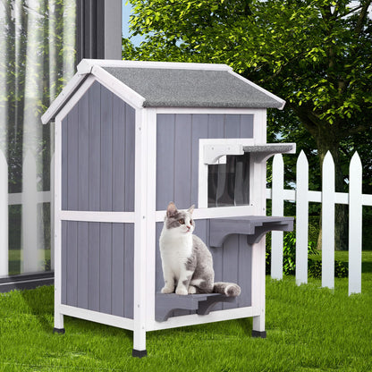 GEGURI Outdoor Cat House Weatherproof, Wooden Two-Story Feral Cat Shelter with Openable Roof, Escape Door, Balcony - WoodArtSupply