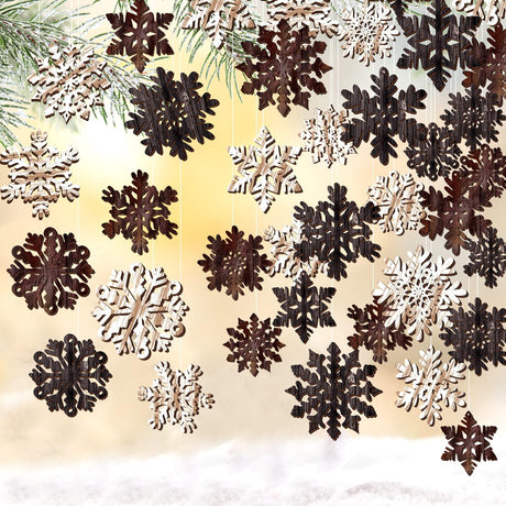 36 Pcs Vintage Christmas Ornaments Wooden Snowflake Ornaments Rustic Farmhouse Christmas Ornaments Snowflake Wood Cutouts for Home Xmas Tree Party Decorations Huwena