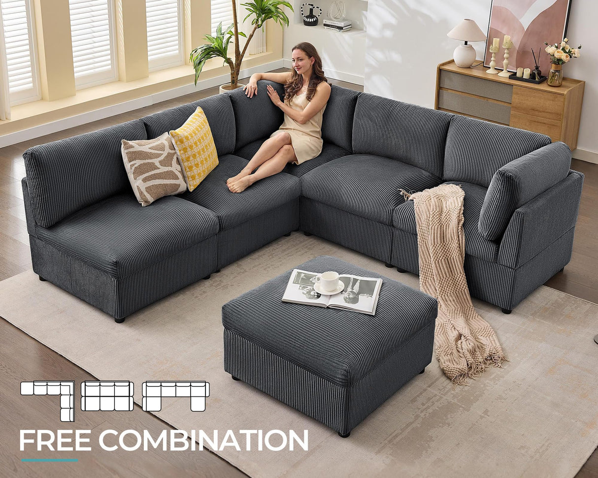 Jocisland Oversized Modular Sectional Sofa with 32" Deep Seat, 6-Piece Convertible U/L/S Modular Sofa for Spacious Living Rooms, Tool-Free Assembly, Corduroy Upholstery, Gray Sectional Couch Jocisland