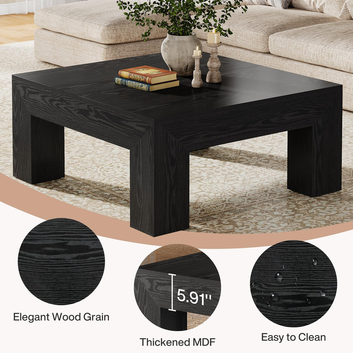 Tribesigns 39.4-Inch Square Coffee Table for Living Room, Farmhouse All MDF Accent Center Cocktail Table with Sturdy Wooden Legs, Easy Assembly, Black Tribesigns