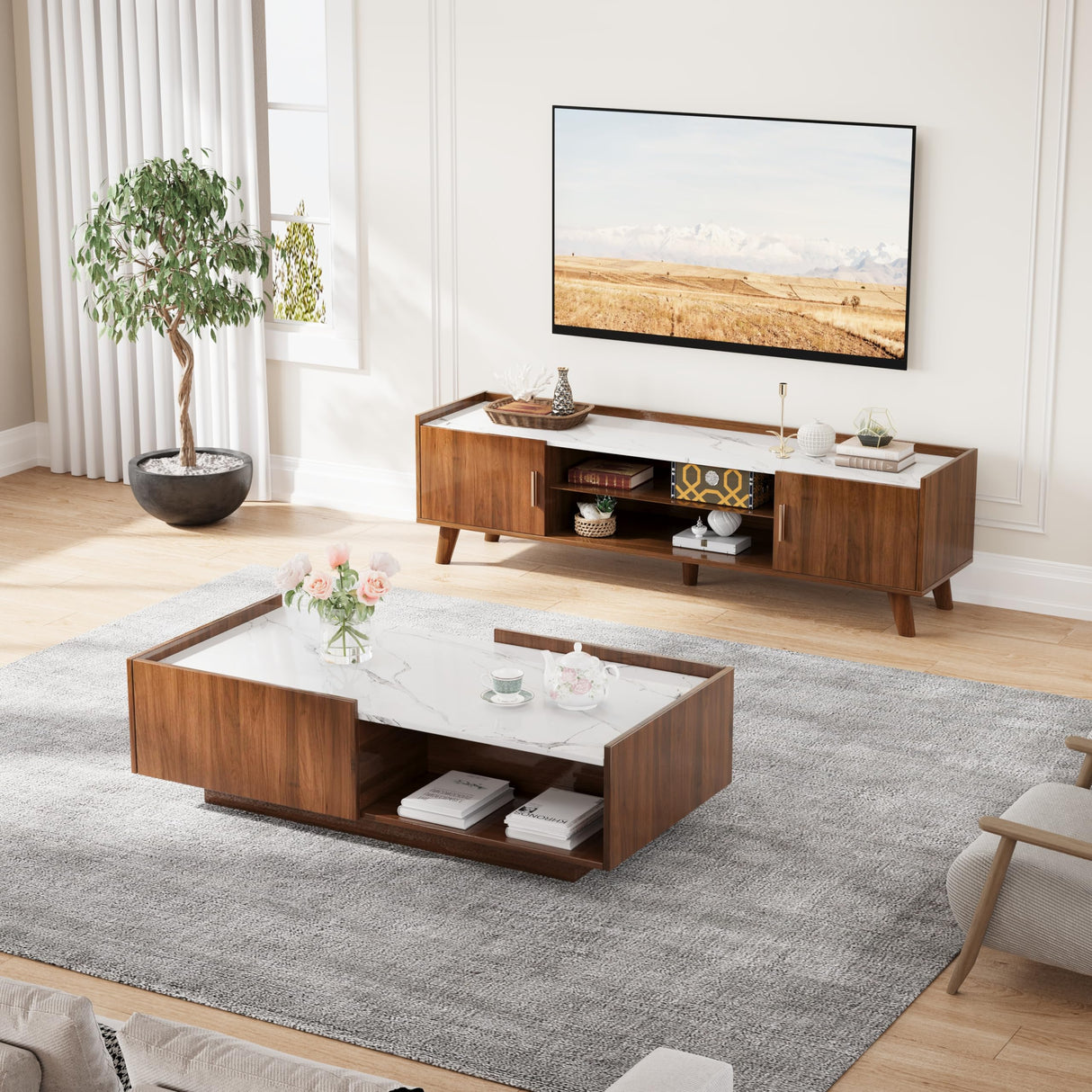 Mid Century Modern Coffee Table, 47.2" LED Rectangle Accent Center Table with 2 Sliding Drawers and Open Display Shelf for Living Room, (Walnut Grain and High Glossy White Marble Color Top Plate) Svimi