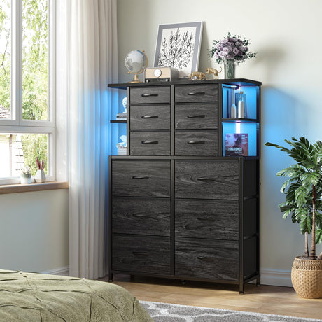 EnHomee Dresser for Bedroom with LED Lights and 12 Fabric Dresser with 4 Open Shelves, Chest of Drawers, Metal Frame, Black, 45.2" H x 35.4" W x 11.8" D EnHomee