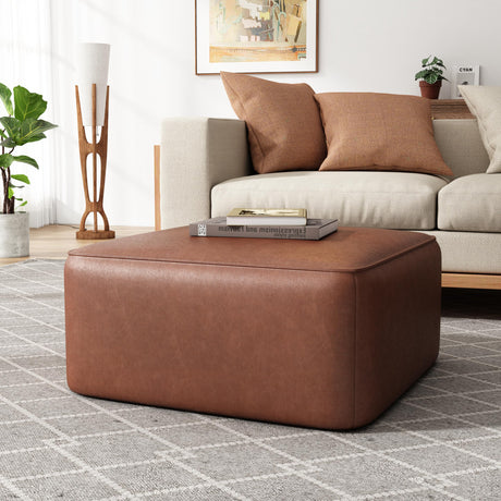 Christopher Knight Home Faux Leather Ottoman Footstool, Square Pouf Poufee Footrest Ottoman Large Seat, Modern Side Table for Living Room Bedroom Home Decor Gifts, Light Brown 30" Christopher Knight Home