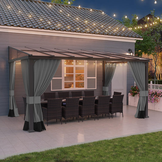 Piltwoff 10' x 14' Gazebo, Wall-Mounted Hardtop Lean to Gazebo with Sloped Roof and Double Curtains & Netting, Outdoor Pergola Awnings for Patio,Garden,Backyard,Deck,Grey