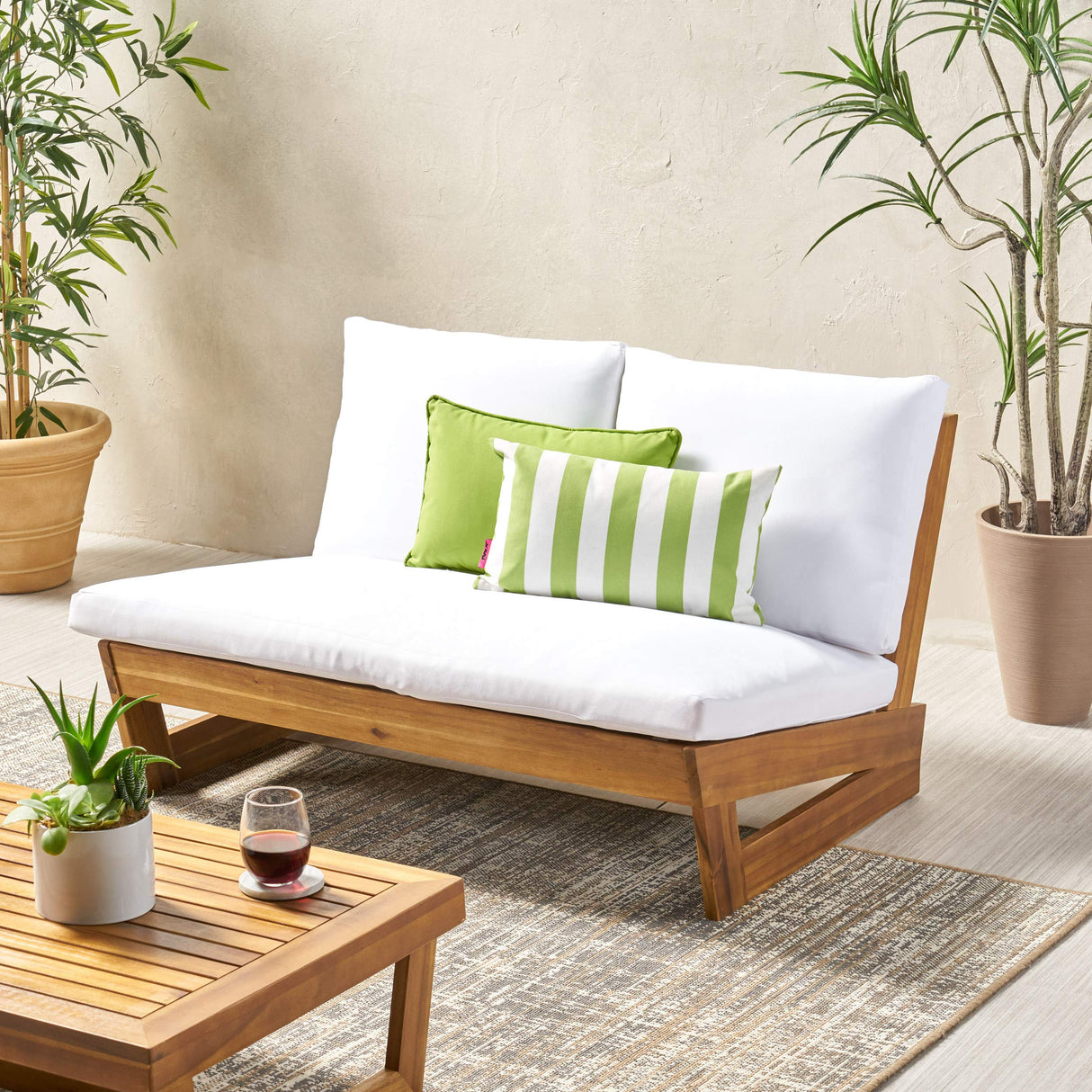 Great Deal Furniture Kaitlyn Outdoor Acacia Wood Loveseat with Cushions, Teak and White GDFStudio