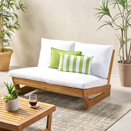 Great Deal Furniture Kaitlyn Outdoor Acacia Wood Loveseat with Cushions, Teak and White GDFStudio