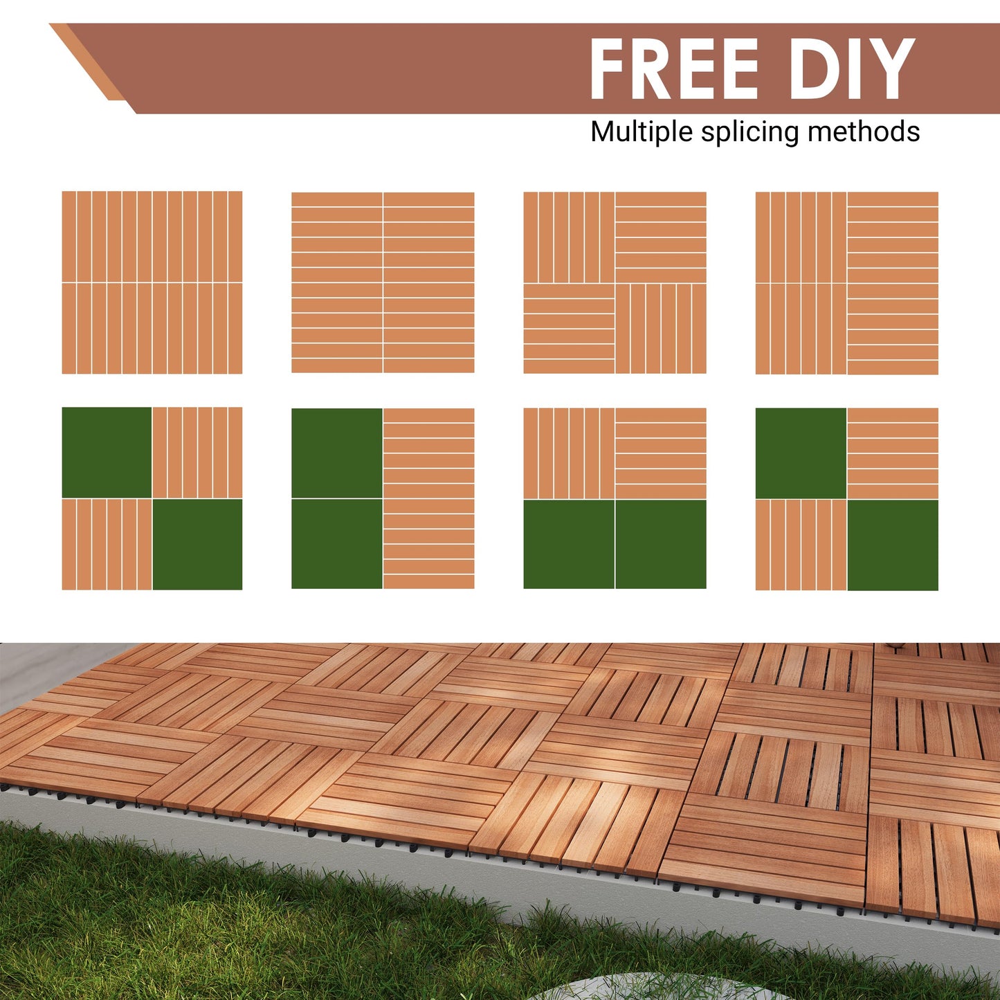 PrimeZone 54 PCS Solid Acacia Wood Interlocking Patio Deck Tiles - 12" x 12" Indoor Outdoor Waterproof Flooring Tiles for Balcony, Backyard, Garden & Poolside, All Weather Use, Natural Wood - WoodArtSupply