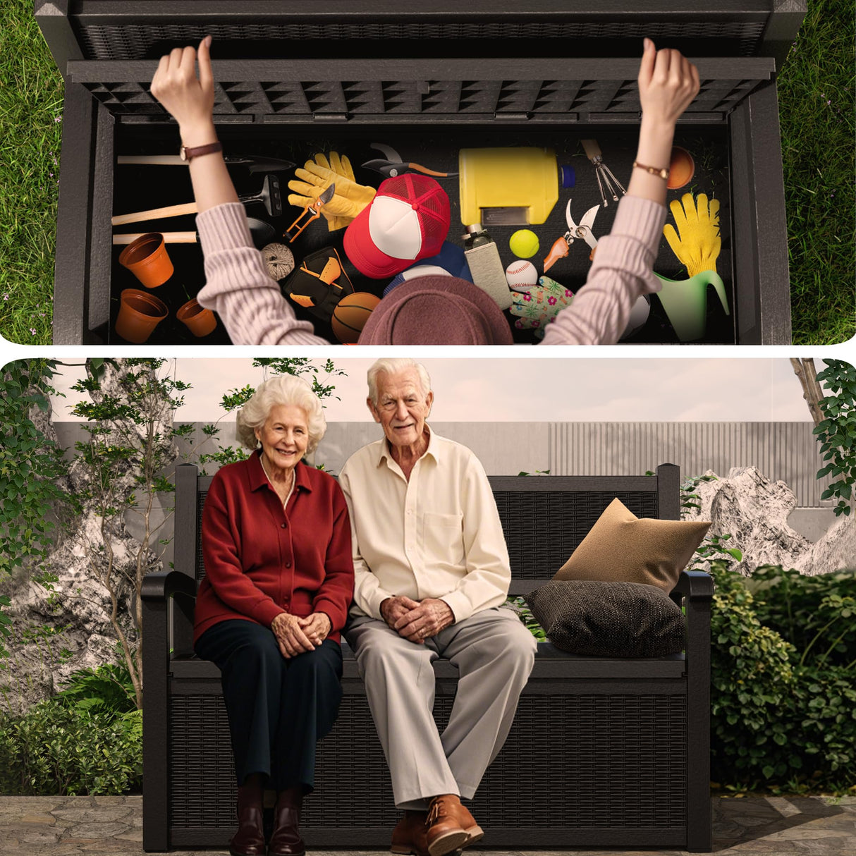 DRATO 75 Gallon Storage Bench Deck Box Outdoor Indoor,Lockable Durable All-Weather Seating with Hidden Storage,Deck Storage for Garden, Pool, Patio,Black DRATO