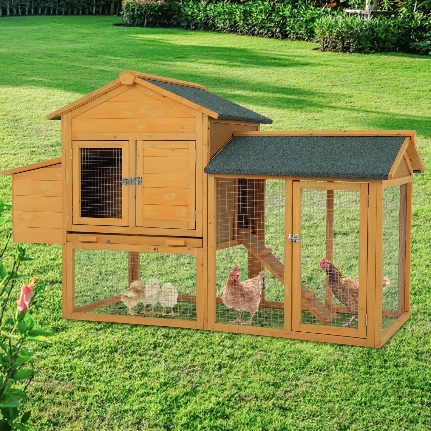 66 Inch Wood Chicken Coop Chicken House Indoor Outdoor Chicken Cage 2-4 Chickens Waterproof with Egg Box Wire Fence Hen House Pet Hutch Garden Backyard Cage