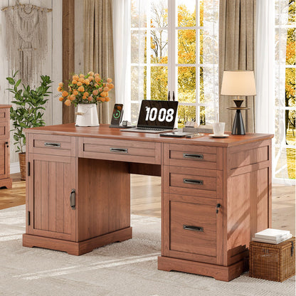 Whalefall 55'' Farmhouse Desk Home Office with Drawers, Executive Computer Desk Wooden with File Cabinet and Charging Station, Cerry Brown