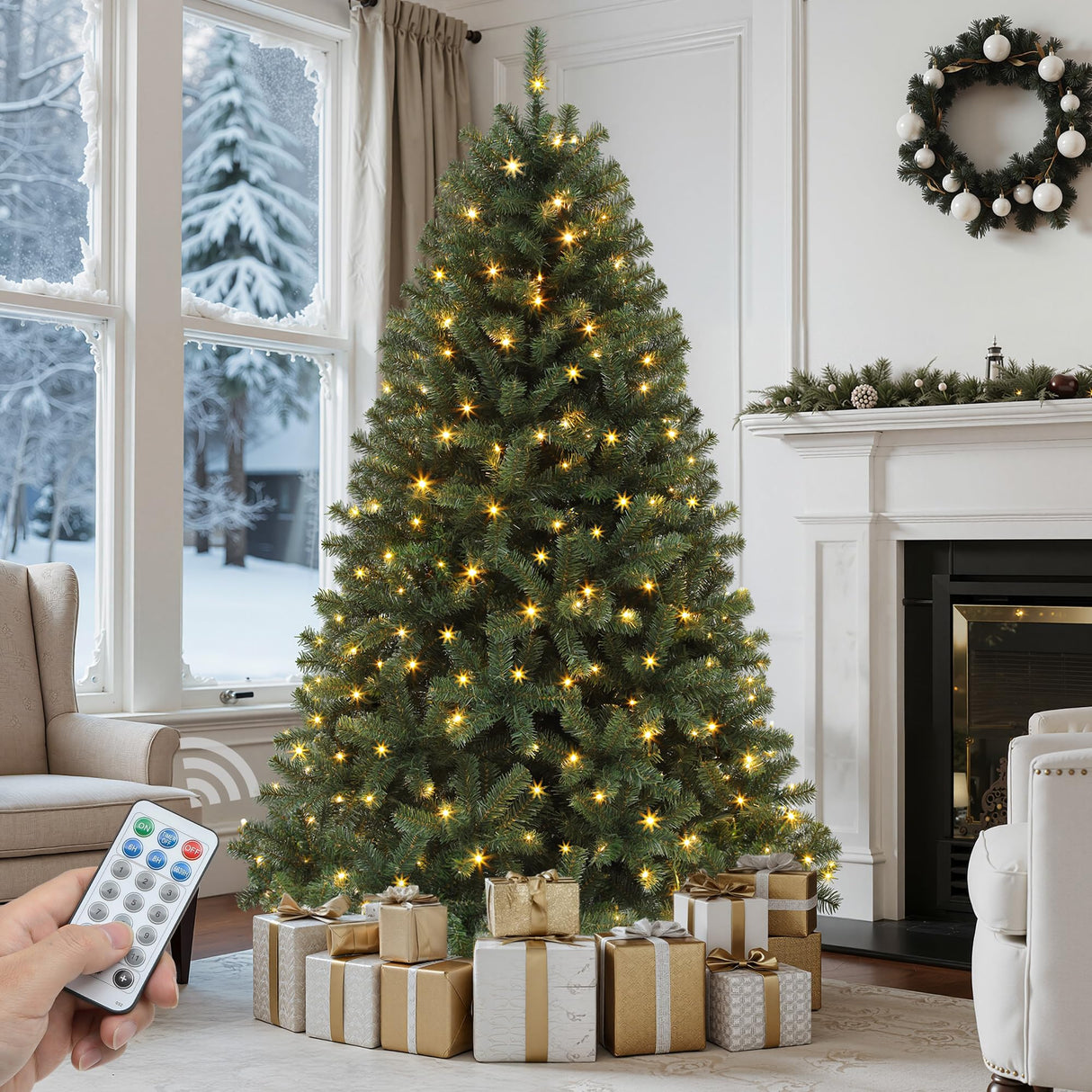 GOOBED Prelit Green Christmas Tree 7.5FT with Remote Control, Pre-Lit Green Artificial Hinged Spruce Christmas Tree with 1450 Tips, 550 LED Lights and 11 Light-Modes for Home, Party Decoration GOOBED