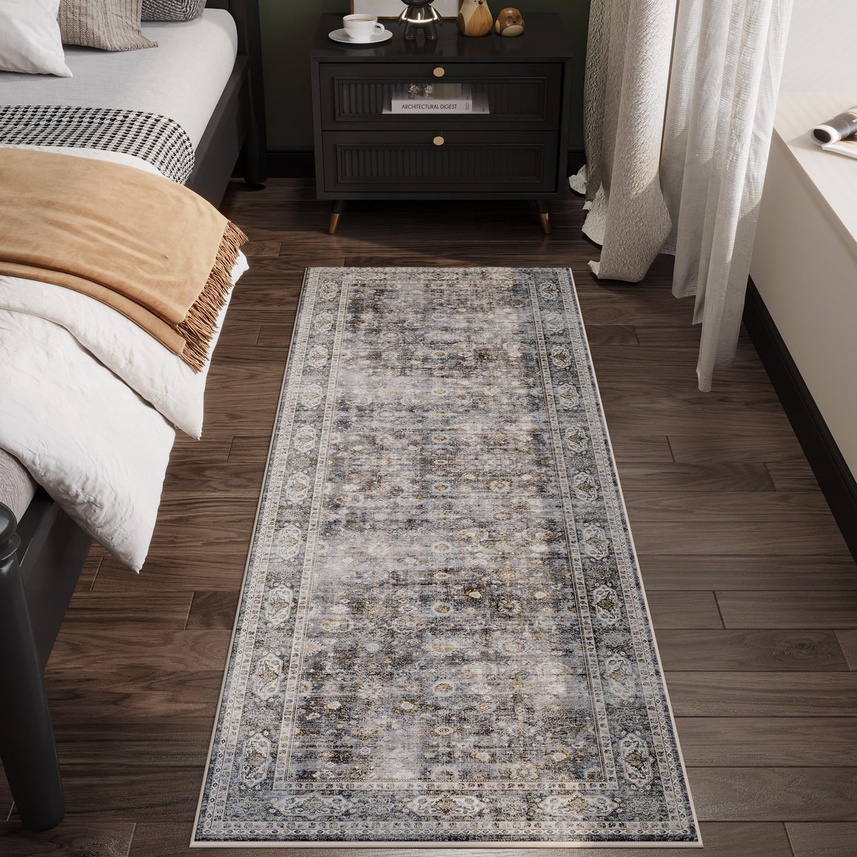 Runner Rug Hallway Runner Rug Washable Kitchen Runner Rugs with Rubber Backing 2'6''x8' 100% Polyester Vintage Rug for Entryway Indoor, Kitchen, Laundry, Bedroom (Grey and Brown) Rugcomf