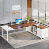 Tribesigns 70.8" L-Shaped Executive Desk with 55" File Cabinet, Large Home Office Computer Desk with Storage Shelves and Cabinet, Modern Business Furniture Set Home Office, Walnut White Tribesigns