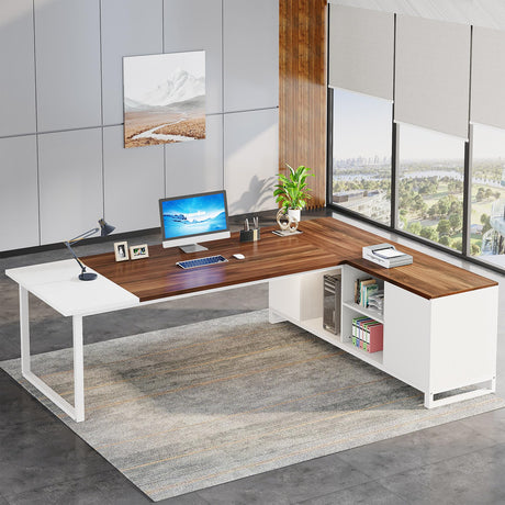 Tribesigns 70.8" L-Shaped Executive Desk with 55" File Cabinet, Large Home Office Computer Desk with Storage Shelves and Cabinet, Modern Business Furniture Set Home Office, Walnut White Tribesigns