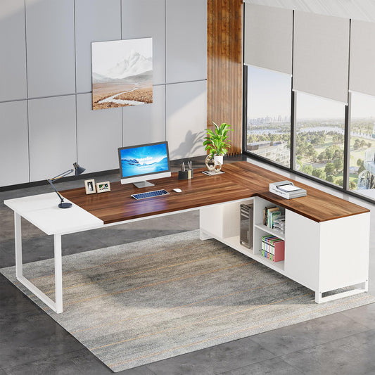 Tribesigns 70.8" L-Shaped Executive Desk with 55" File Cabinet, Large Home Office Computer Desk with Storage Shelves and Cabinet, Modern Business Furniture Set Home Office, Walnut White - WoodArtSupply