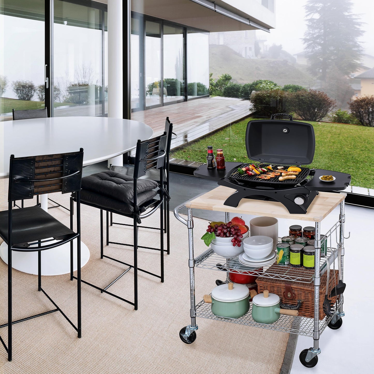 Finnhomy 3-Tier Rolling Kitchen Cart with 18" D x 30" W Oak Wood Tabletop, Kitchen Island Cart with 4" Wheels and Slider Shelf, Microwave Cart & Coffee Cart with Hooks for Dining Room, Chrome