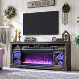 OKD Fireplace TV Stand for 85" TV, 33" Tall Highboy Farmhouse Entertainment Center w/ 42'' Electric Fireplace & LED Light, Rustic Media Console w/Sliding Barn Door for Living Room, Drak Rustic Oak OKD