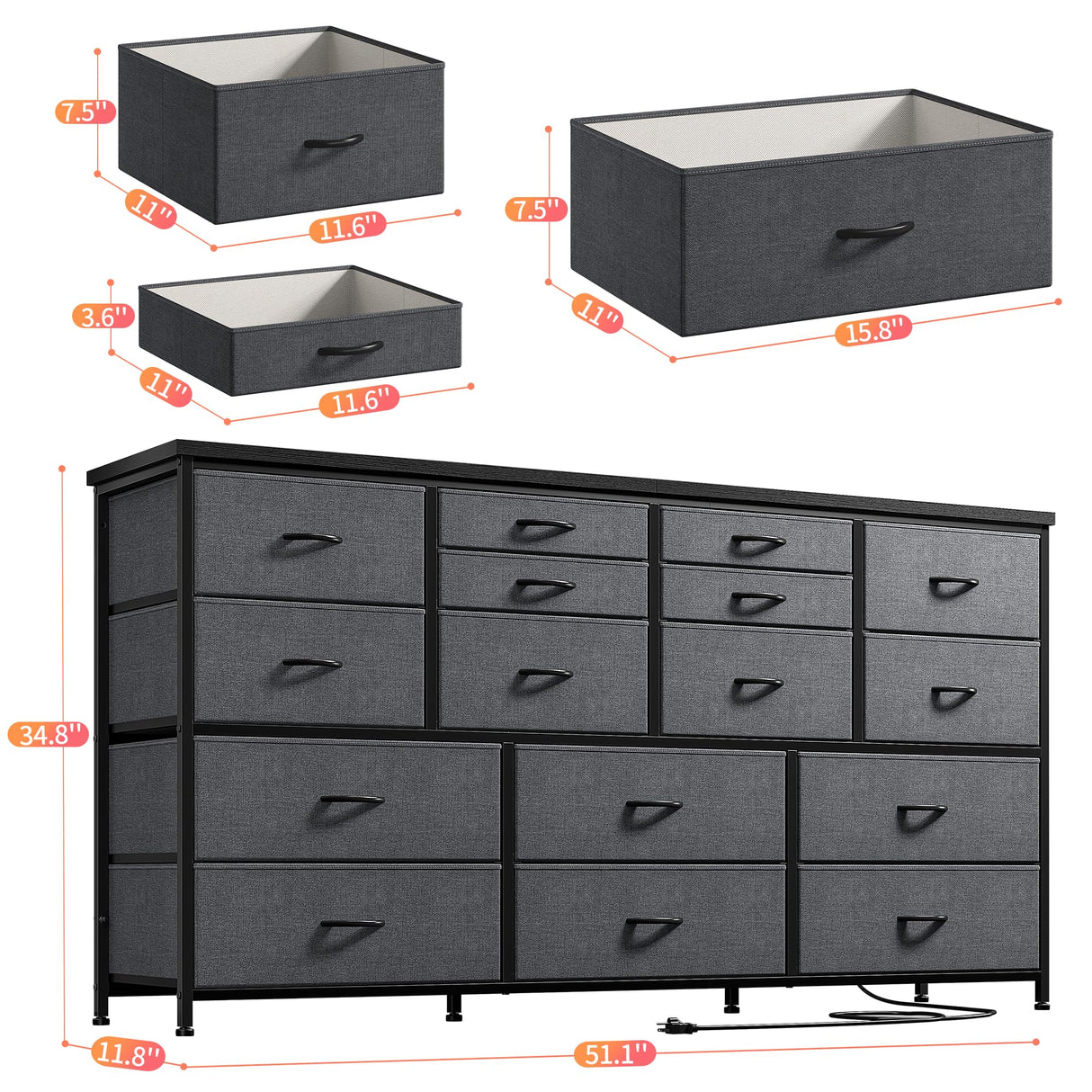 EnHomee TV Stand Dresser 60''TV Stand with Charging Station TV Stands for Living Room Long Dresser for Bedroom TV Stand with 16 Drawers Storage TV Stand for Bedroom Dresser 51.1''W*11.8''D*34.8''H EnHomee