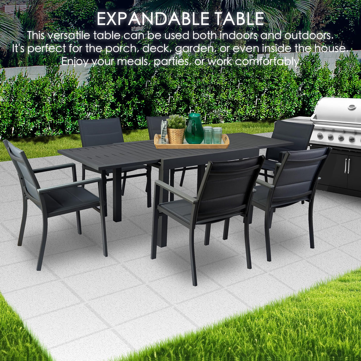 Kozyard Villa Expandable Patio Dining Table - Adjustable, Aluminum Outdoor Furniture for 4-6 Person, Perfect for Backyard, Porch, Deck, Garden - Dark Grey, 43"- 86" Kozyard
