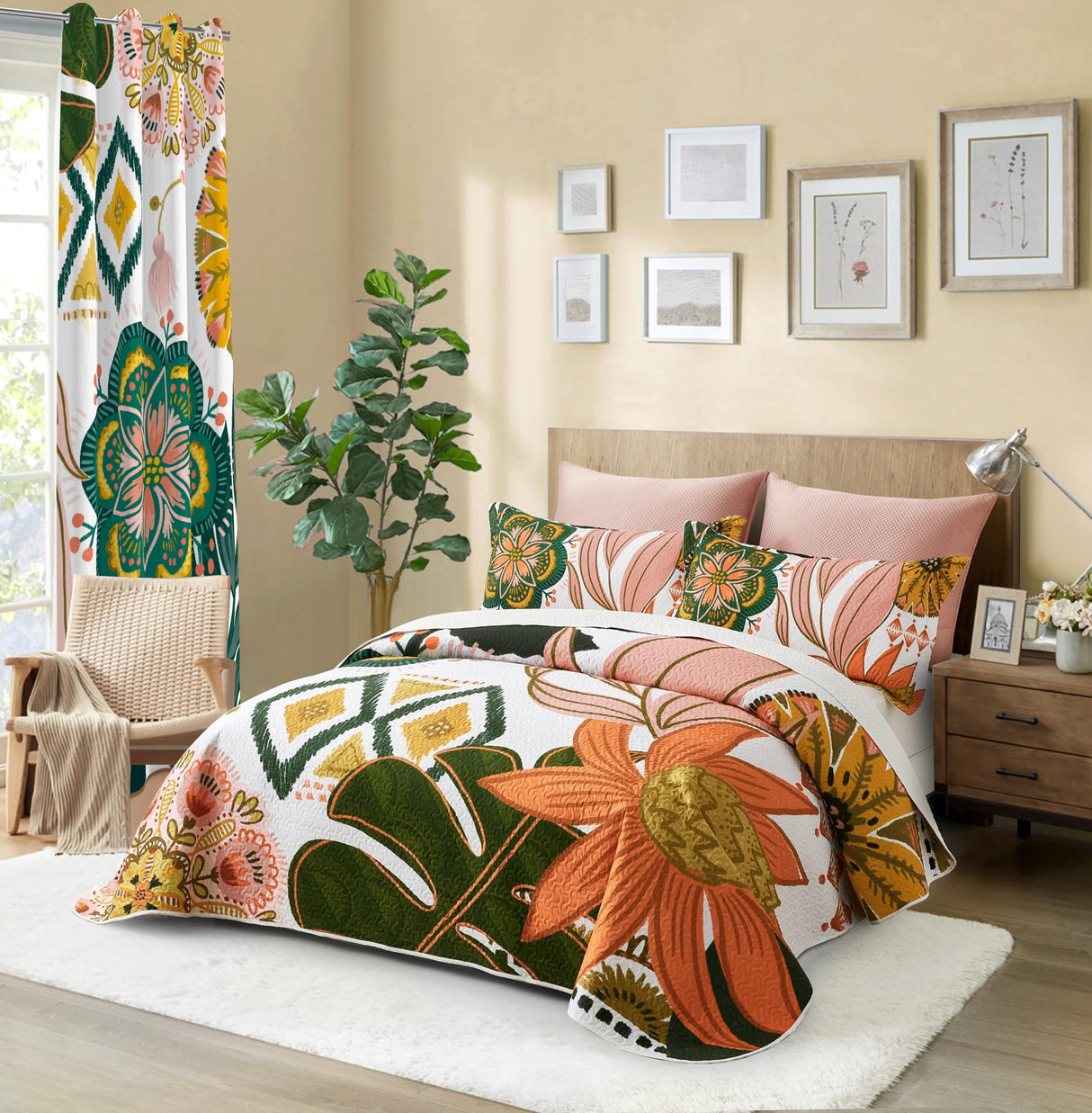 Tyrot 3 Piece Boho Floral Full/Queen Quilt Sets Farmhouse Botanical Reversible Lightweight Bedspread Coverlet with 2 Shams Mid Century Leaves Microfiber Bedding Quilts Set for All Season, 90''x96'' Tyrot