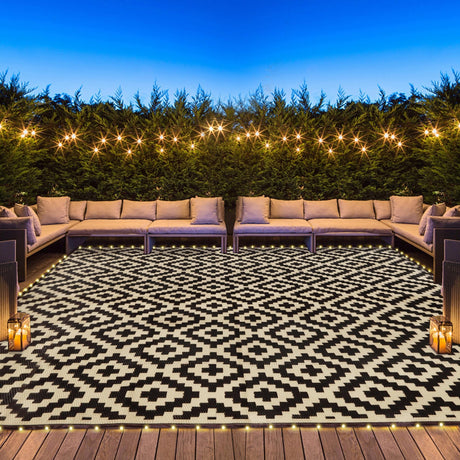 SAND MINE Reversible Mats with Led Strip Lights, Plastic Straw Rug, Modern Area Rug, Large Floor Mat for Outdoors, Patio, Backyard, Deck, Picnic, Camping, Black & Beige, 8' x 10' SAND MINE