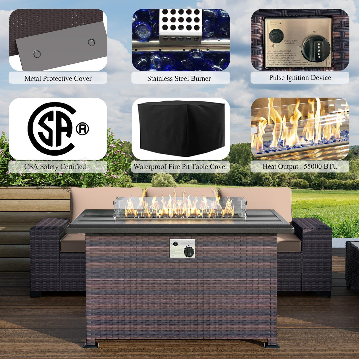 RTDTD 10 Pieces Outdoor Patio Furniture Set Outdoor Furniture Patio Sectional Sofa Conversation Sets w/ETL Approved 45" Gas Outdoor Fire Table & Coffee Table, Swivel Rocking Chair (Brown) RTDTD